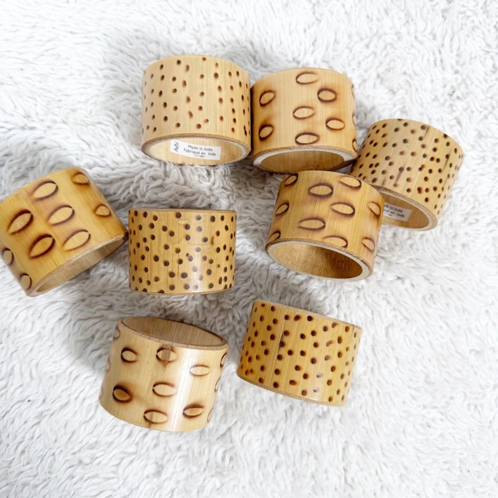 Rustic Tortoise Bamboo Style Napkin Rings - Dotted Natural Wood Tropical Table
